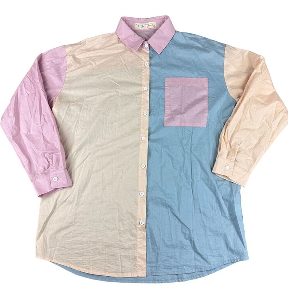 O.VIANCA Colorblock Long Sleeve Cotton Button Up Shirt Size S Pastel - Picture 2 of 8